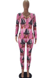 Pink Fashion Adult Living Print Letter V Neck Skinny Jumpsuits