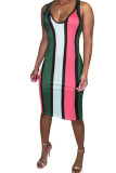 Red Fashion Sexy Red Blue Pink Yellow Wine Red Navy Blue Tank Sleeveless V Neck Hip skirt Knee-Length Striped Dresses