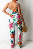 Yellow Sexy Print Hollowed Out Spaghetti Strap Straight Jumpsuits