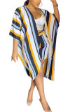 Hide Blue Fashion Casual adult Striped Patchwork Print ruffle Two Piece Suits Straight Half Sleeve Two Pieces