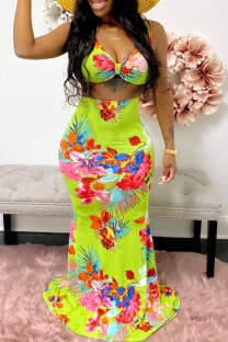 Mint green Sexy Print Patchwork V Neck Sleeveless Two Pieces