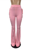 Pink Fashion Casual Solid Hollowed Out Strap Design Boot Cut Mid Waist Trousers