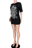 Black Fashion adult Ma'am Street Cap Sleeve Half Sleeves O neck Step Skirt skirt Print Dresses