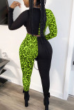 Blue Sexy Patchwork Two Piece Suits Leopard Straight Long Sleeve