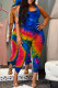 Blue Sexy Casual Print Tie-dye Backless Hooded Collar Regular Jumpsuits