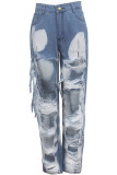 Light Blue Denim Button Fly Zipper Fly High Zippered Pocket washing Hole Straight Pants 