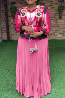 Pink Elegant Print With Belt Pleated V Neck Plus Size Two Pieces