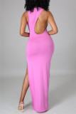 Pink Fashion Sexy Solid Slit O Neck Sleeveless Dress