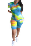 Fluorescent green Spandex Fashion Casual adult Ma'am O Neck Geometric Tie Dye Two Piece Suits Stitching Plus Size 