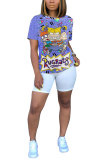 White Blue Yellow purple colour O Neck Short Sleeve Patchwork Print Character Tops