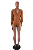 Brown Fashion Sexy Hollow tassel Backless Long Sleeve V Neck Rompers