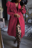 Coffee Casual Solid With Belt Turndown Collar Outerwear