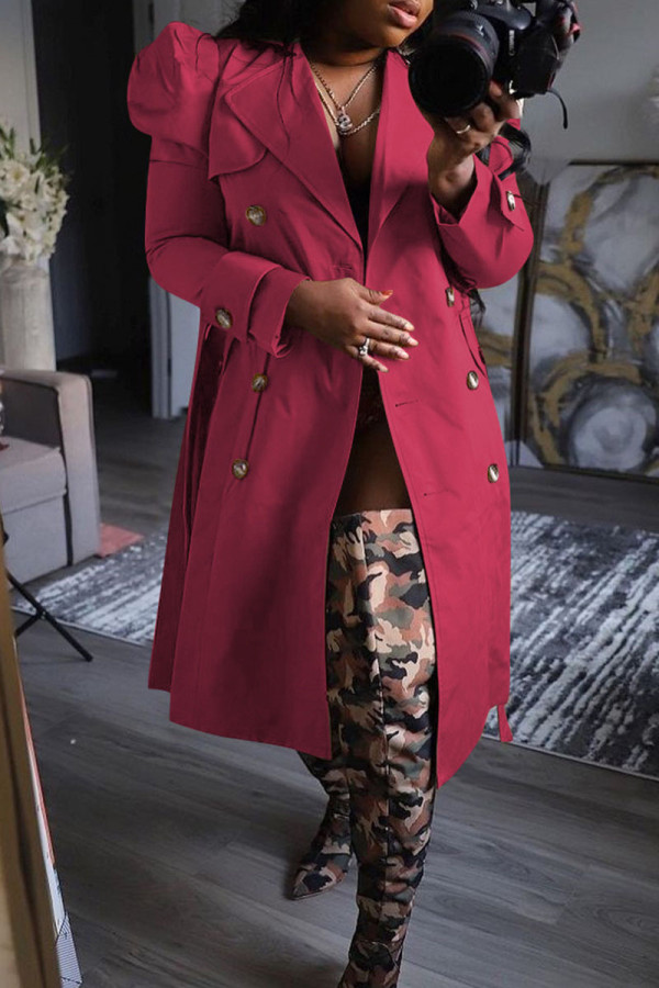 Rose Red Casual Solid With Belt Turndown Collar Outerwear