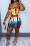 Yellow Casual Print Patchwork Spaghetti Strap Sleeveless Two Pieces