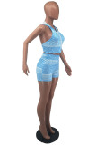 Light Blue Sexy Casual Print Backless Hooded Collar Sleeveless Two Pieces