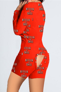 Red Casual Living Print Basic V Neck Regular Romper