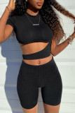 Black Fashion Casual Solid Hollowed Out O Neck Short Sleeve Two Pieces
