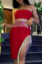 Red Sexy Solid Tassel Strapless Sleeveless Two Pieces