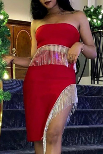 Red Sexy Solid Tassel Strapless Sleeveless Two Pieces
