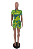 Fluorescent Green Fashion Casual Print Basic Half A Turtleneck Skinny Romper