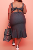 Tangerine Red Casual Solid Patchwork O Neck Trumpet Mermaid Plus Size Dresses