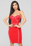 Red Fashion Sexy Spaghetti Strap Sleeveless Slip Step Skirt Knee-Length Patchwork Solid Club