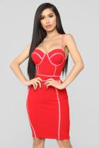 Red Fashion Sexy Spaghetti Strap Sleeveless Slip Step Skirt Knee-Length Patchwork Solid Club
