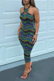 Multi-color Fashion Sexy Print Backless Halter Sleeveless Dress
