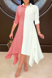Burgundy Fashion Casual Patchwork Asymmetrical Turndown Collar Shirt Dress