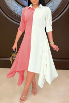 Pink Fashion Casual Patchwork Asymmetrical Turndown Collar Shirt Dress