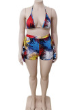 Colour Sexy Print Patchwork Frenulum Halter Plus Size Two Pieces