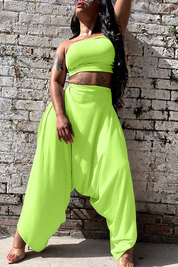 Yellow Fashion Sexy adult Ma'am Solid Two Piece Suits Harlan pants Sleeveless Two Pieces