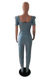 Baby Blue Sexy Solid Patchwork V Neck Short Sleeve Skinny Denim Jumpsuits
