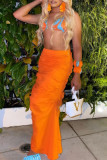 Tangerine Sexy Print Patchwork Frenulum Asymmetrical Halter Sleeveless Two Pieces