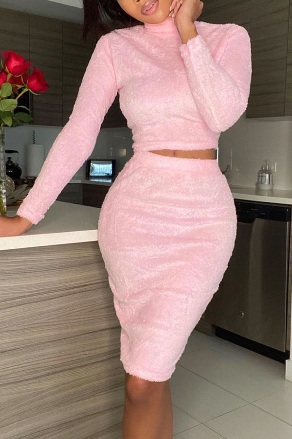 Pink Casual Plush Patchwork Solid Patchwork O Neck Long Sleeve Regular Sleeve Short Two Pieces