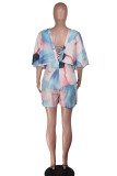 Pink Fashion Sexy Print Button Short Sleeve Rompers