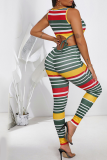 Red Casual Striped Patchwork O Neck Sleeveless Two Pieces