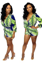 Green Fashion zipper Print Long Sleeve Mandarin Collar Rompers