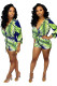 Green Fashion zipper Print Long Sleeve Mandarin Collar Rompers