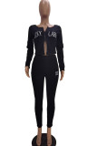 Wine Red Casual Knitting Letter Patchwork Solid Embroidered Patchwork Cardigan Pants Basic Zipper Collar Long Sleeve Regular Sleeve Regular Two Pieces