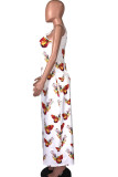 White Fashion Street White Brown Yellow Spaghetti Strap Sleeveless V Neck Pencil Dress Floor-Length Print Floral Animal Dresses