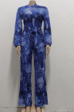 Dark Blue Casual Color Lump Print Bandage Patchwork Buckle Mandarin Collar Straight Jumpsuits
