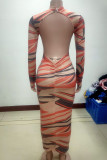 Multicolor Sexy Print Patchwork Mandarin Collar Wrapped Skirt Dresses