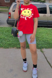 Red Fashion Casual Print Basic O Neck Tops