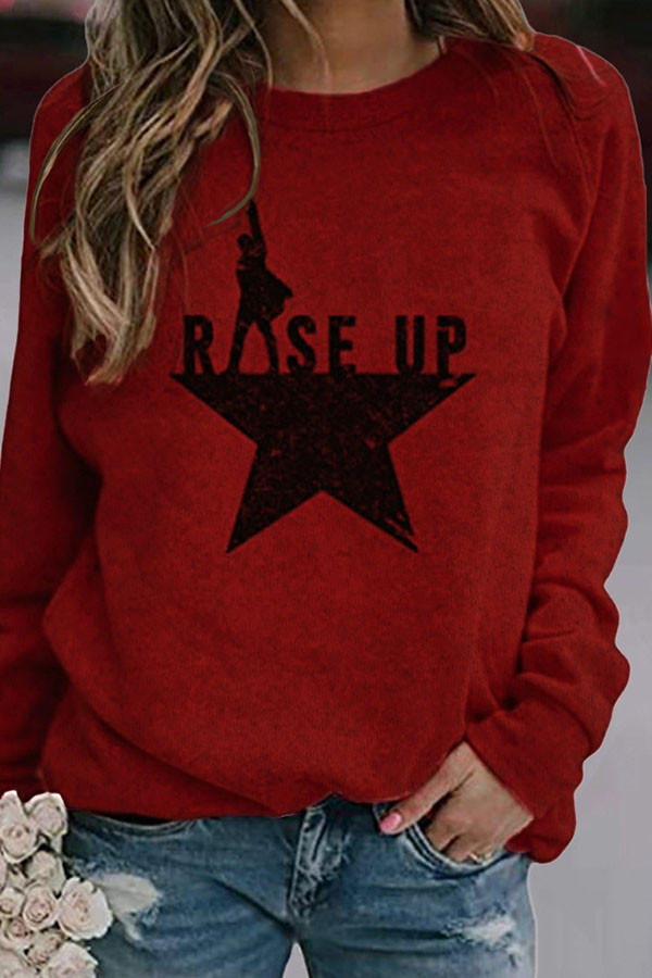 Red Casual Street Letter Print The stars Pullovers Basic O Neck Tops