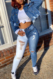 The cowboy blue Casual Color Lump Patchwork Solid Ripped Make Old Pocket Mid Waist Skinny Denim