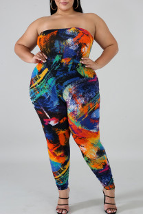 Multi-color Fashion Sexy adult O Neck Patchwork Print Two Piece Suits Stitching Plus Size