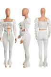 White Street Solid Bandage Square Collar Long Sleeve Two Pieces