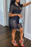 Blue Fashion Sexy Solid See-through Turndown Collar Short Sleeve Two Pieces