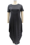 White Fashion Casual Plus Size Striped Print Basic O Neck Short Sleeve Dress
